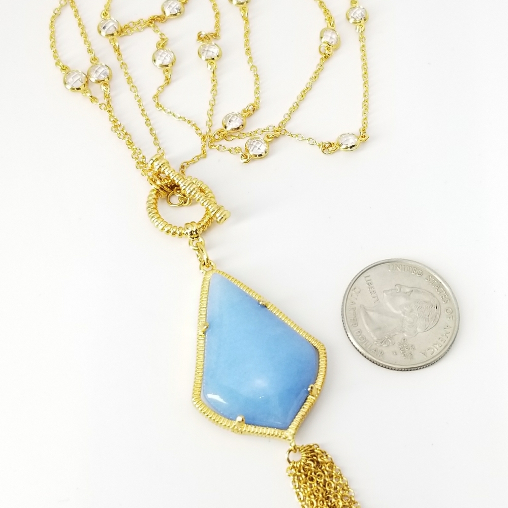 2 Ways Tassel Blue Agate CZ Necklace NWT - Picture 6 of 10